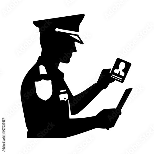 Police officer checking ID using digital tablet