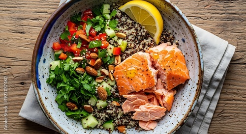 Salmon and quinoa bowl with fresh vegetables and nuts