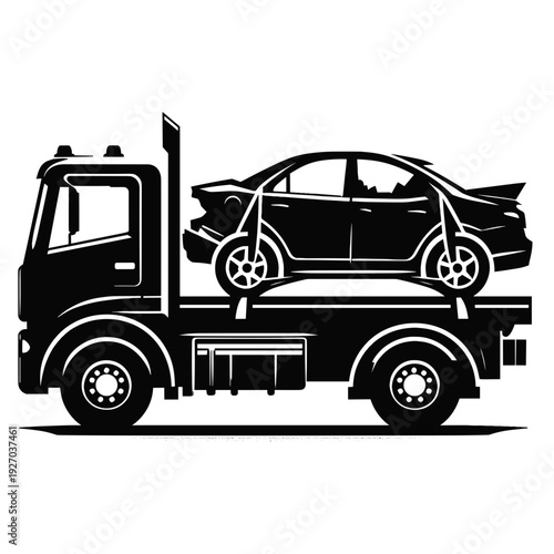 Flat-style tow truck carrying car, black and white, vehicle transport