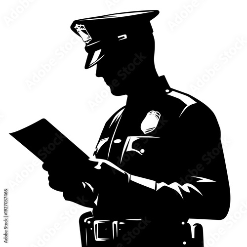 Police officer reading notebook, silhouette style, black and white, law enforcement