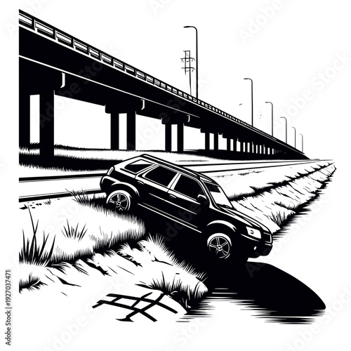 Car accident under bridge, black-and-white illustration, dramatic, urban danger
