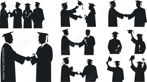 Huge Bundle of Graduation Student Silhouettes Holding Diplomas and Celebrating