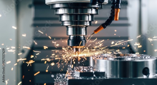 Industrial metal milling machine in action with sparks flying, manufacturing process.