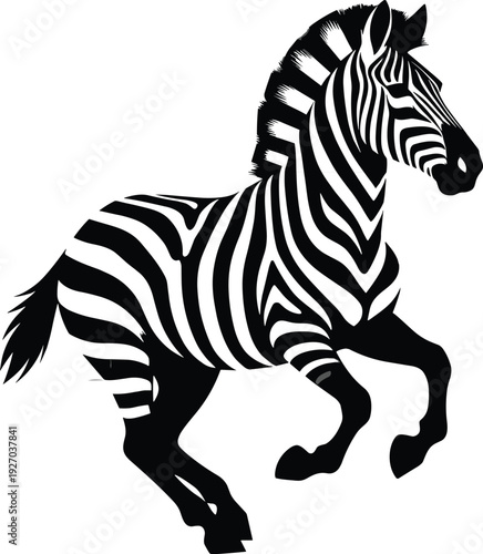 Powerful black and white vector illustration of a majestic zebra galloping in a proud pose for wildlife conservation safari and savanna themed designs