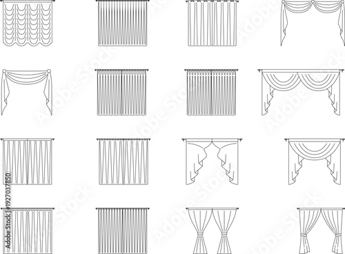 Window curtains and drapes set, interior design, decoration, bedroom, living room, architectural elements, editable stroke, vector, illustration
