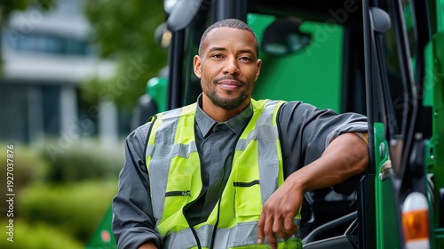 Confident garbage truck driver in high-visibility vest leaning out of vehicle window. Black male waste management professional. Transportation and sanitation service concept