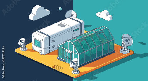 Futuristic Server Room with Robots and Data Center.