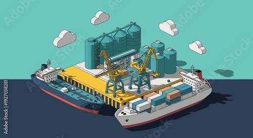Isometric Illustration of Industrial Cargo Ship.