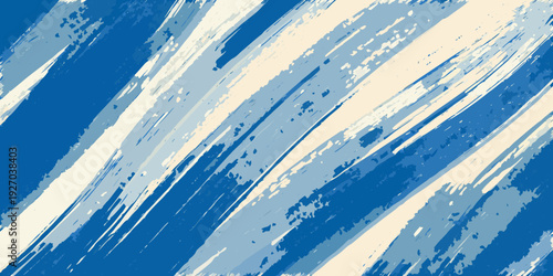 Abstract blue and white brushstrokes create a dynamic diagonal pattern