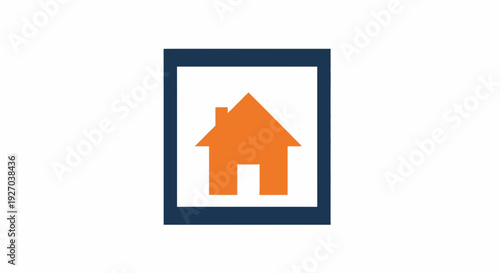 Orange House Icon in Dark Blue Frame.