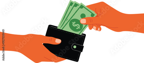 Human hands taking green dollar bank notes out of a black leather wallet isolated on white background for financial transaction