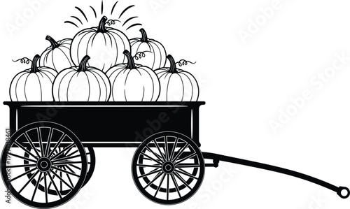 Vintage wooden garden wagon filled with autumn pumpkins, rustic harvest cart silhouette, fall seasonal farm celebration, black