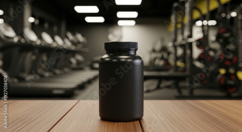 Black supplement bottle on a wooden table, blurred modern gym background, promoting fitness.