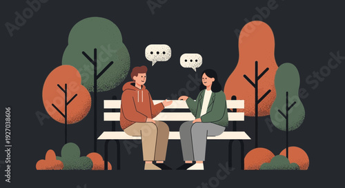 Two People Sitting on Bench Talking.