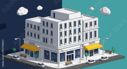 White 3D Building with Yellow Awnings.