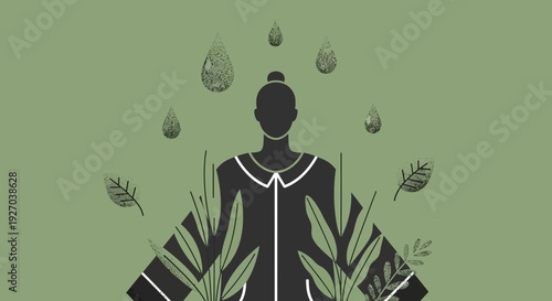 Woman surrounded by leaves and bulbs illustration.
