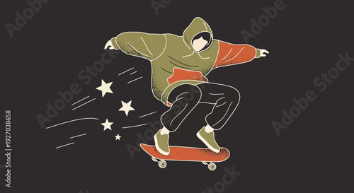 Young Man Skateboarding with Motion Stars.
