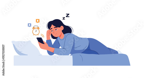 Woman lying on bed using phone and thinking about alarm clock.