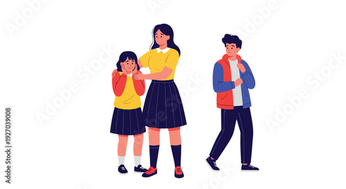 Illustration of a woman and two schoolgirls standing together outdoors.