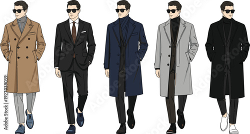 Collection of stylish men in elegant winter overcoats, formal suits, turtleneck sweaters, and sunglasses for professional business fashion and seasonal outerwear.