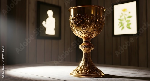 Ornate golden chalice displayed in a dimly lit room with artwork on the walls.
