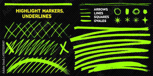 A vibrant collection of green highlighter marks lines and shapes