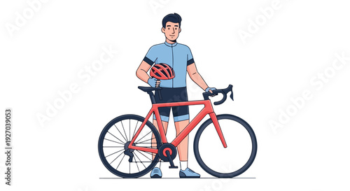 A man in cycling gear standing with a red bicycle and holding a helmet.