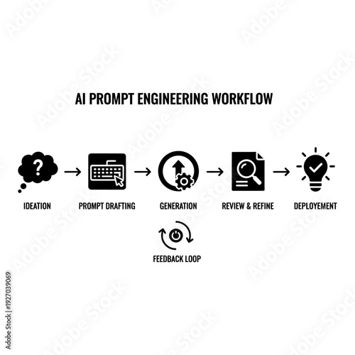 AI Prompt Engineering Workflow: A schematic representation outlining the systematic process of prompt engineering, including ideation, drafting, generation, review, refinement, and deployment phases.