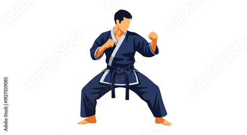 A man in a blue martial arts uniform is performing a stance with fists raised.