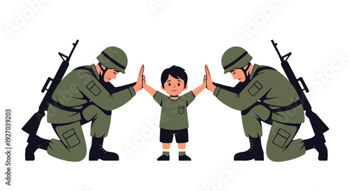 Two soldiers high-fiving a child between them.