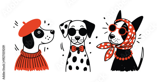 Hilarious Fashion-Forward Dogs in Retro Outfits, Stylish Hand-Drawn Vector Doodle Illustration Set for Trendy Branding, T-Shirt Design, Stickers, Posters, and Social Media Graphics
