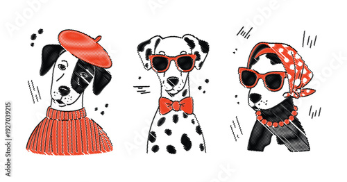 Hilarious Fashion-Forward Dogs in Retro Outfits, Stylish Hand-Drawn Vector Doodle Illustration Set for Trendy Branding, T-Shirt Design, Stickers, Posters, and Social Media Graphics