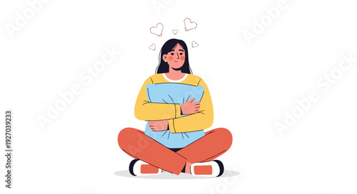 A cartoon woman sits cross-legged with her arms crossed, looking stressed.