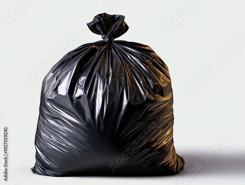 Large black trash bag tied and filled with refuse. Isolated garbage sack on white