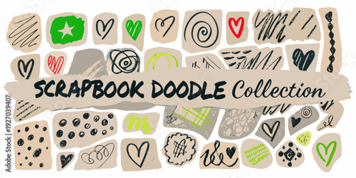 A colorful collection of hand drawn scrapbook doodles and decorative elements