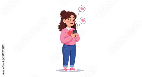 A cartoon woman holding a smartphone with hearts floating above her head.
