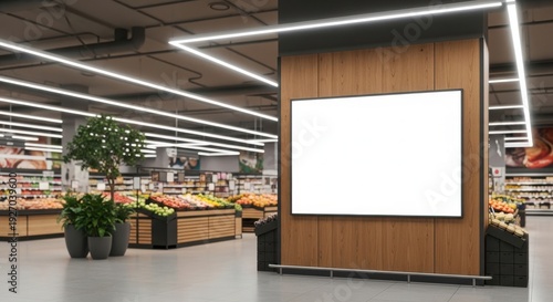 Modern supermarket interior with a large blank advertising billboard on a wooden wall, showcasing fresh produce aisles in a brightly lit, clean retail environment.