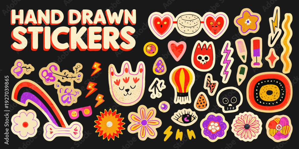 Fototapeta premium Colorful hand drawn stickers featuring hearts stars and playful cartoon designs