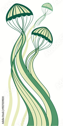 Abstract flowing ribbons with parachute shapes in green tones