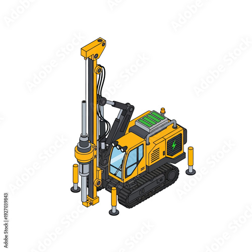 Yellow drilling rig machinery for construction and excavation purposes.