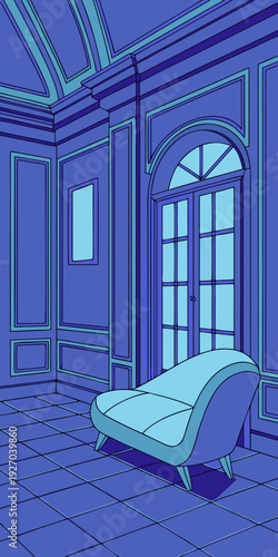 Elegant blue room with chaise lounge and arched doorway