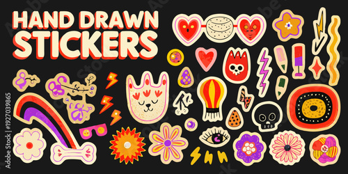 Colorful hand drawn stickers featuring hearts stars and playful cartoon designs