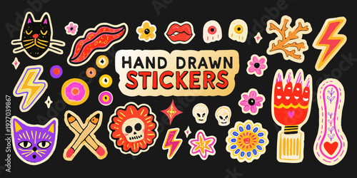 Colorful hand drawn stickers featuring whimsical designs and playful illustrations