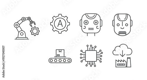 Collection of industrial and technological icons representing automation and innovation in modern times.