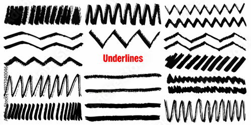 Collection of various black lines and wave patterns on white background