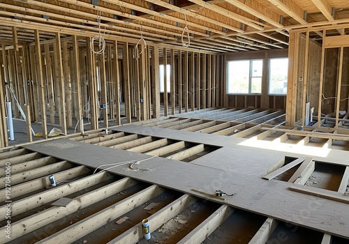 Unfinished wooden interior of a house under construction with exposed framing and wiring