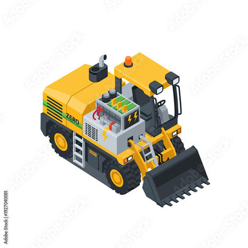 Yellow toy construction vehicle with front loader and movable parts.