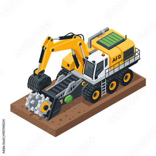3D illustration of a yellow excavator on a wheeled vehicle with solar panels.
