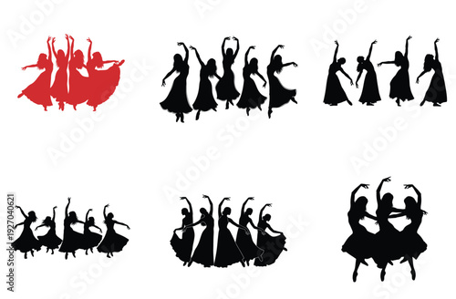 black and red dancing female silhouettes in various poses, isolated on white background