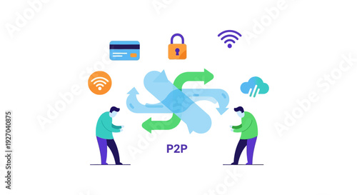 Peer-to-Peer P2P Secure Money Transfer and Digital Transaction Concept. Financial exchange, payment security, and decentralized network illustration.